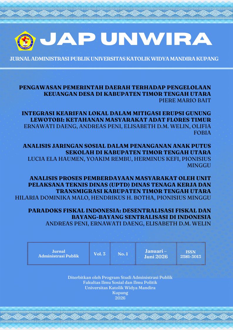 					View Vol. 3 No. 1 (2026): JAP UNWIRA JURNAL ADMINISTRASI PUBLIK UNIKA WIDYA MANDIRA KUPANG
				